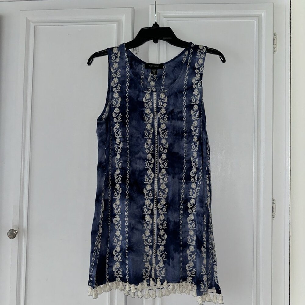 Karen Kane Blue Tie Dye Floral Embroidered Super Cute Tunic Tank Top XS